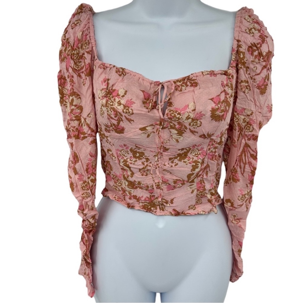 Free People Dusty Pink Floral Ruched Square-Neck Puff Sleeve Crop Top